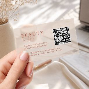 Peach Minimal Elegant Salon QR Code Clear Business Cards