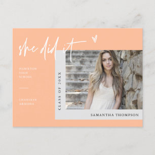 Peach Minimal Photo She Did It Graduation Postcard