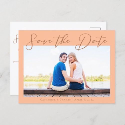 Peach Minimalist Engagement Photo Save the Date Announcement Postcard