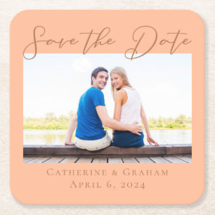Peach Minimalist Engagement Photo Save the Date Square Paper Coaster