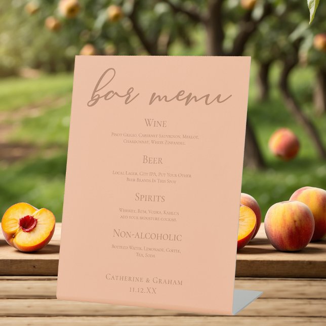 Peach Minimalist Script Summer Wedding Bar Menu Pedestal Sign (Creator Uploaded)