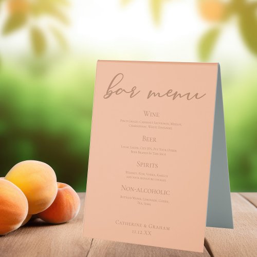 Peach Minimalist Script Summer Wedding Bar Menu Table Tent Sign