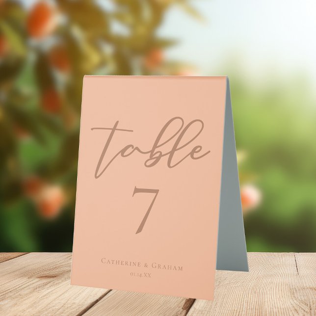 Peach Minimalist Script Summer Wedding Number Table Tent (Creator Uploaded)