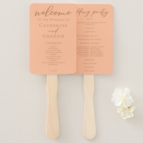 Peach Minimalist Script Summer Wedding Program Hand Fan