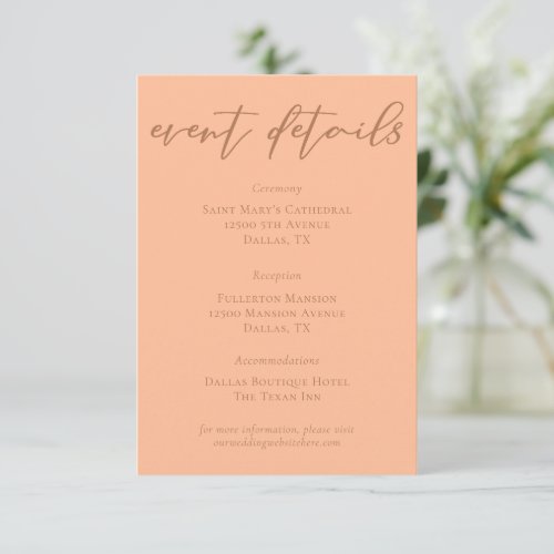 Peach Minimalist Script Wedding Event Details Enclosure Card