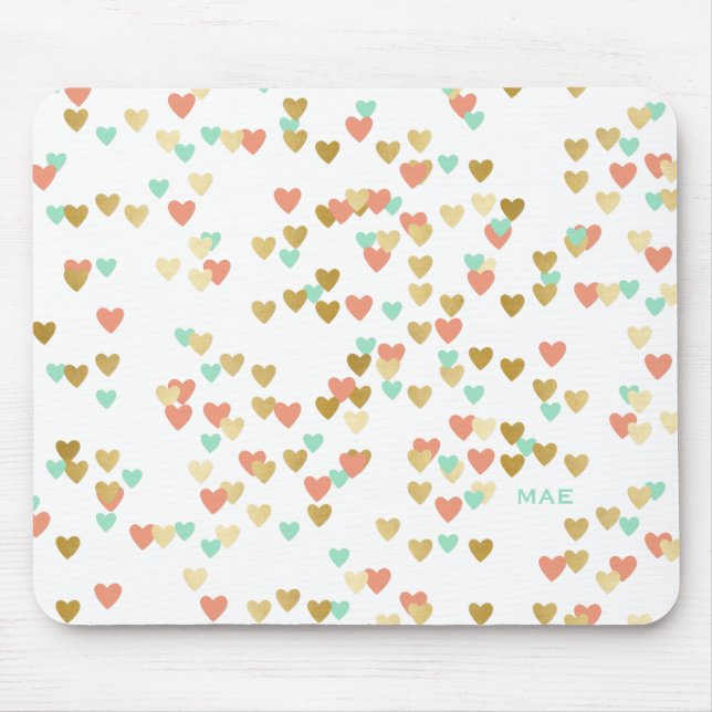 Peach, Mint and Gold Hearts Confetti Monogram Mouse Pad (Front)