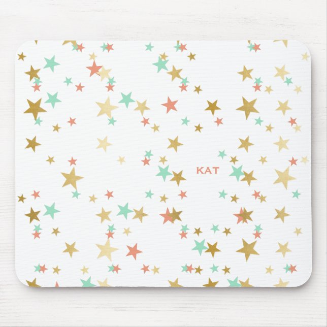 Peach, Mint and Gold Stars Confetti Monogram Mouse Pad (Front)