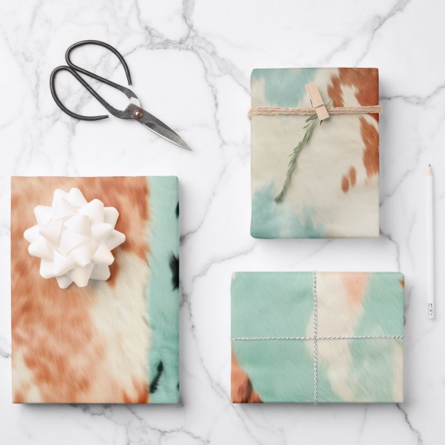 Peach Mint Cowgirl Cowhide Wrapping Paper Sheets (Front)