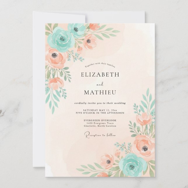 Peach Mint Floral Arrangement Wedding Invitation (Front)