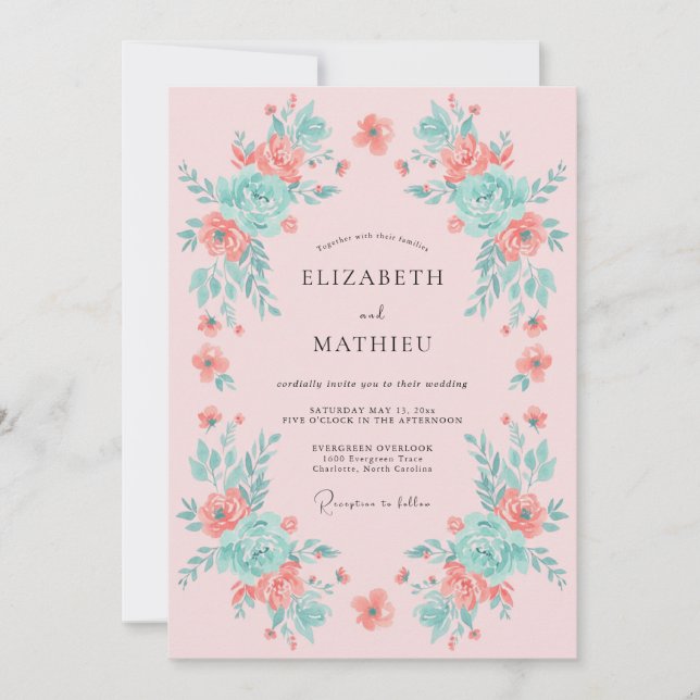 Peach Mint Floral Flourish Wedding Invitation (Front)