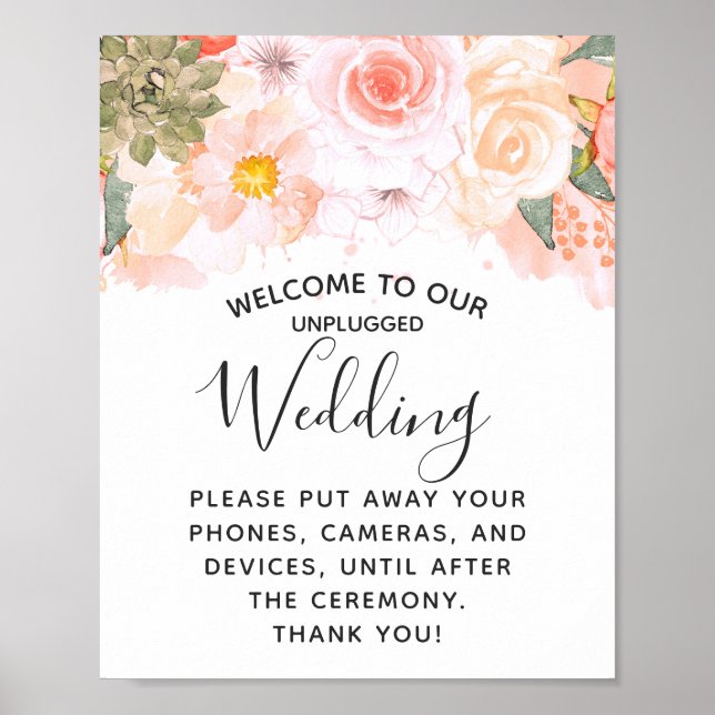 Peach & Mint Floral Unplugged Wedding Table Sign (Front)