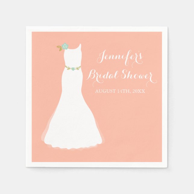 Peach Mint Floral Wedding Gown Bridal Shower Napkins (Front)