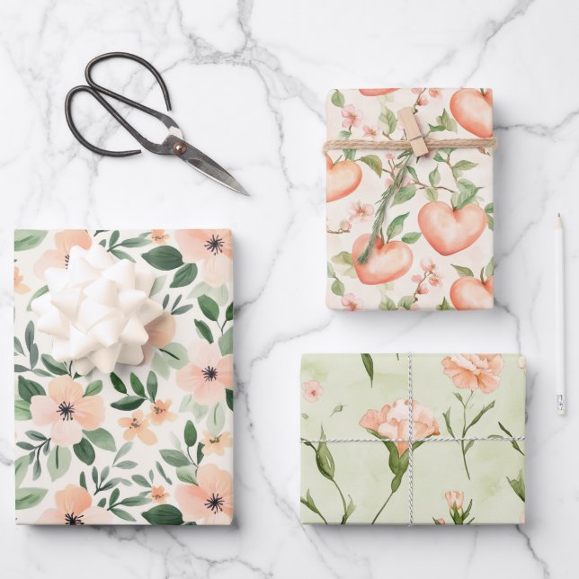 Peach Mint Flowers Hearts Beauty Birthday Wrapping Paper Sheets (Front)