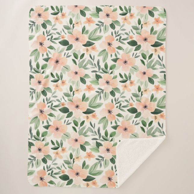 Peach Mint Flowers   Sherpa Blanket (Front)