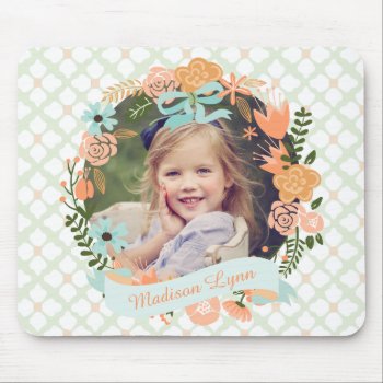 Peach Mint Girly Floral Wreath Photo Custom Mouse Pad by Jujulili at Zazzle