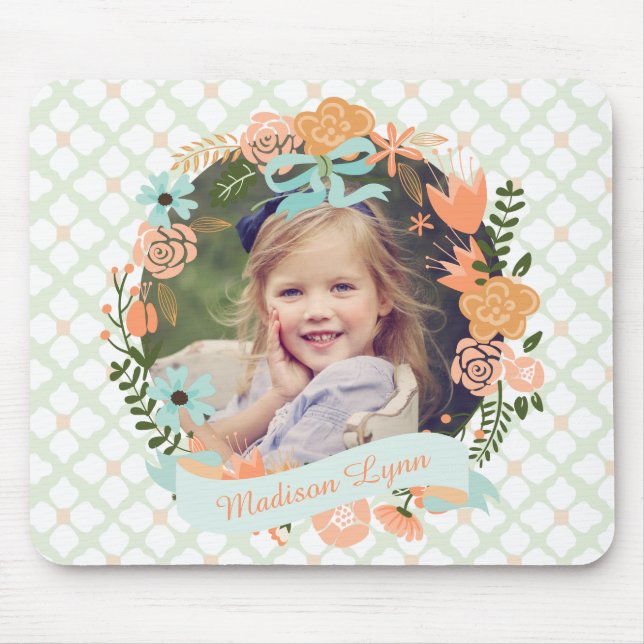Peach Mint Girly Floral Wreath Photo Custom Mouse Pad (Front)