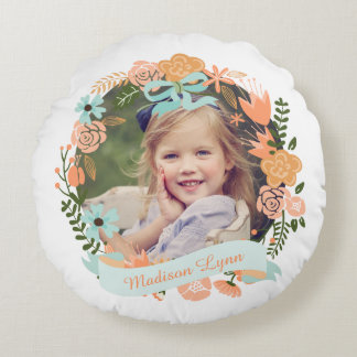 Peach Mint Girly Floral Wreath Photo Custom Round Pillow