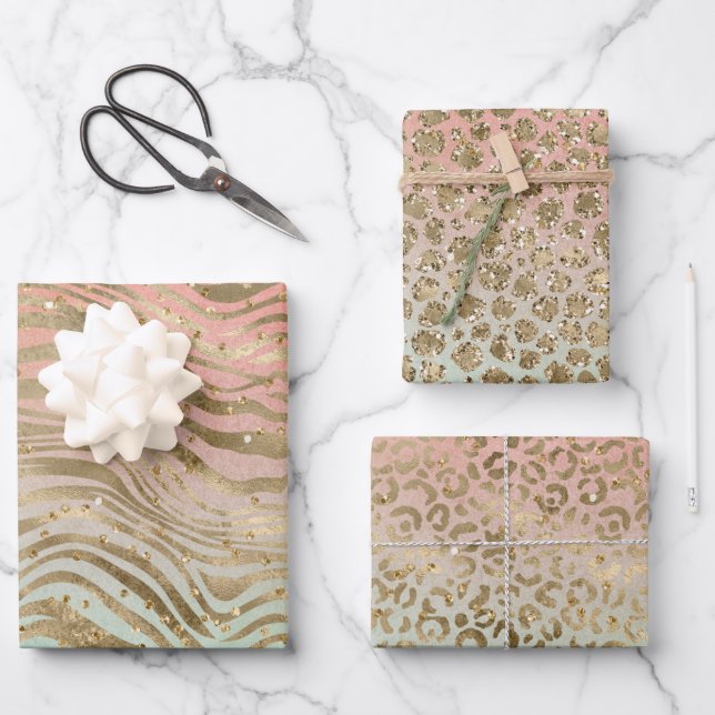 Peach Mint Gold Glitz Sparkle Animal Prints     Wrapping Paper Sheets (Front)