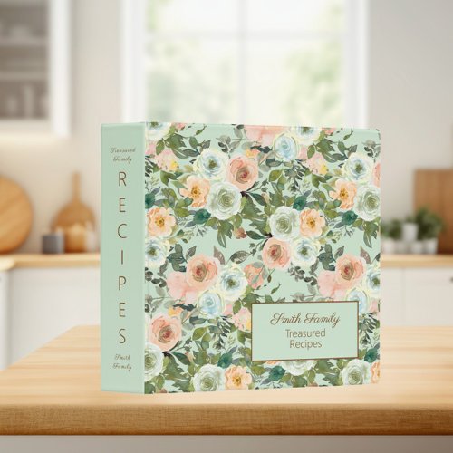 Peach Mint Green Floral Treasured Family Recipes 3 Ring Binder
