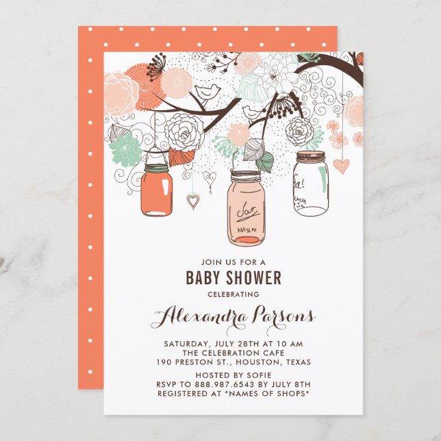 Peach & Mint Mason Jars Floral Baby Shower Invite (Front/Back)