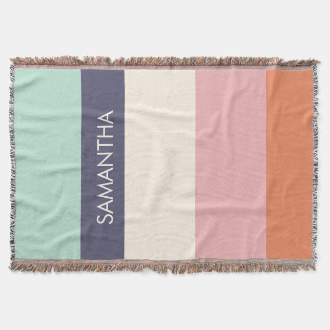 Peach Mint Modern Color Blocks Stripes Personalize Throw Blanket (Front)