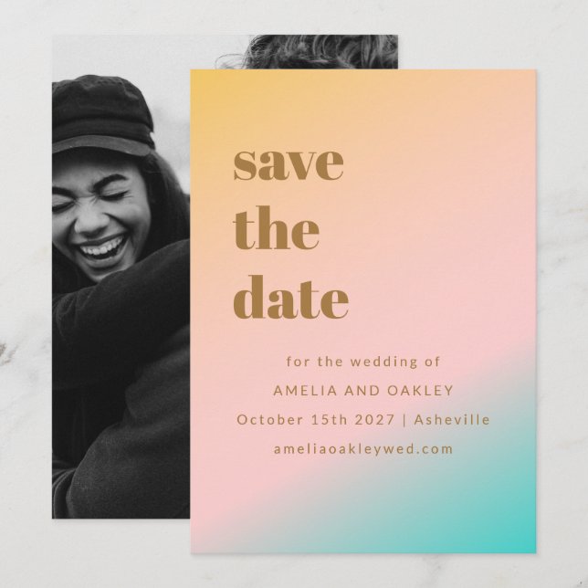 Peach Mint Ombre Bold Typography Wedding Photo Save The Date (Front/Back)
