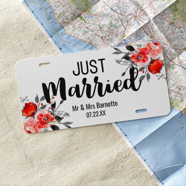 Peach & Mint Peony Floral Wedding Just Married License Plate (In Situ)