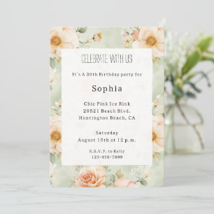 Peach Mint Pretty Rose Floral Birthday Invitation