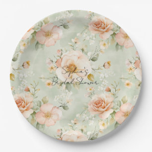 Peach Mint Pretty Rose Floral Bridal Shower Paper Plates