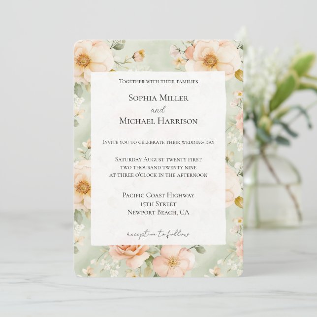 Peach Mint Pretty Rose Floral Wedding Invitation (Standing Front)