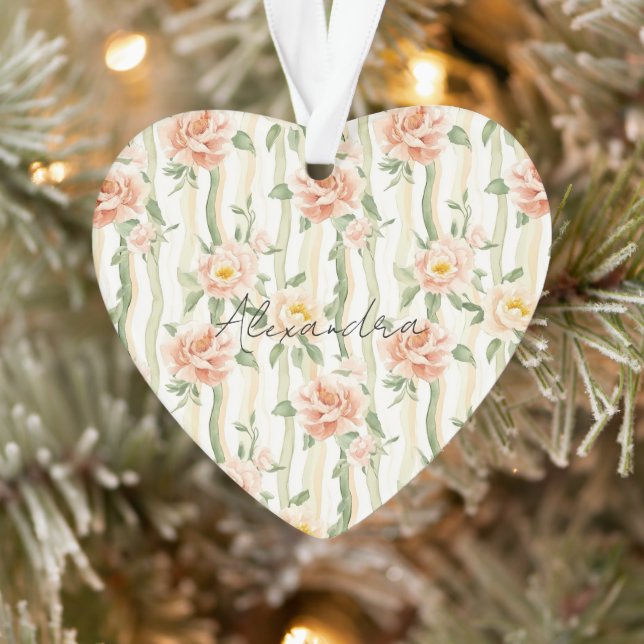 Peach Mint Pretty Roses Floral Stripes Christmas Ornament (Tree)