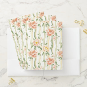 Peach Mint Pretty Roses Floral Stripes Pocket Folder