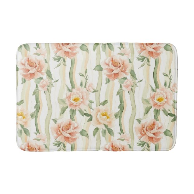 Peach Mint Roses Floral Stripes   Bath Mat (Front)
