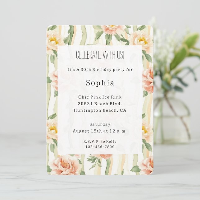 Peach Mint Roses Floral Stripes Birthday Invitation (Standing Front)