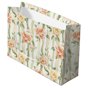 Peach Mint Roses Floral Stripes Birthday Large Gift Bag