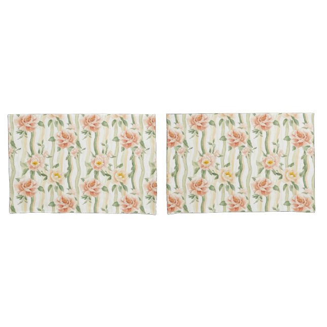 Peach Mint Roses Floral Stripes Birthday Pillow Case (Front-Set)