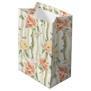 Peach Mint Roses Floral Stripes Bridal Shower Medium Gift Bag