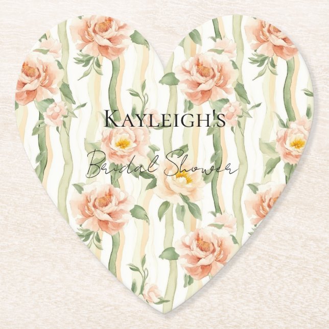 Peach Mint Roses Floral Stripes Bridal Shower Paper Coaster (Front)
