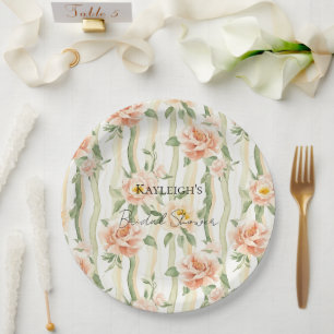 Peach Mint Roses Floral Stripes Bridal Shower Paper Plates