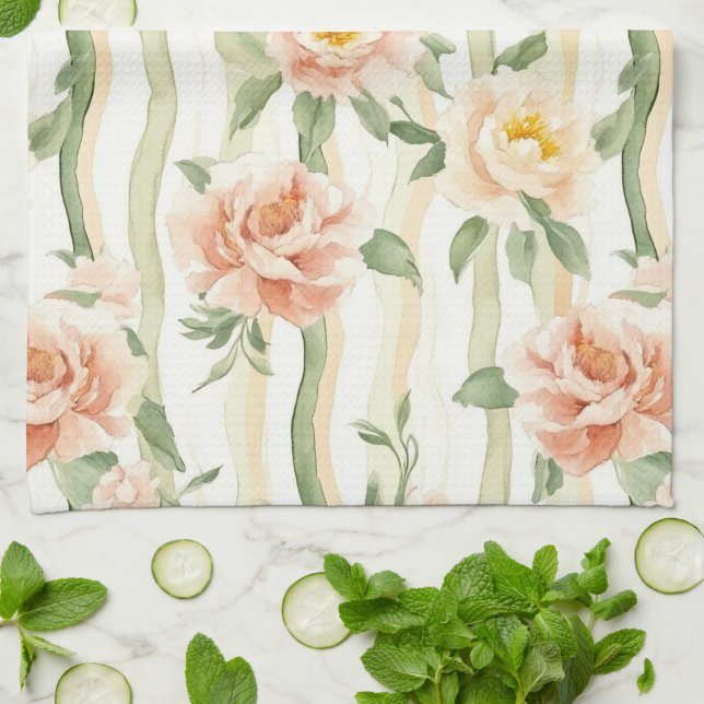 Peach Mint Roses Floral Stripes   Kitchen Towel (Folded)