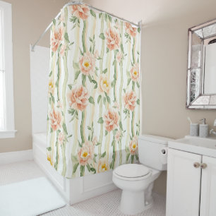 Peach Mint Roses Floral Stripes Shower Curtain