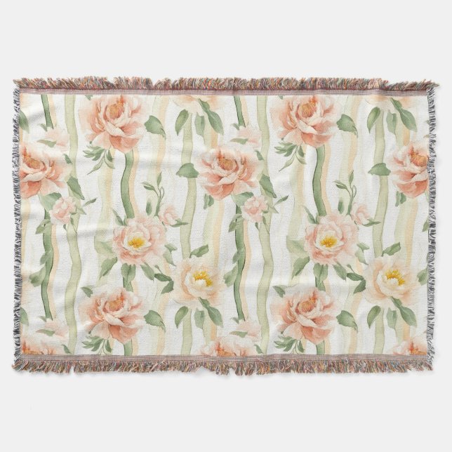 Peach Mint Roses Floral Stripes   Throw Blanket (Front)