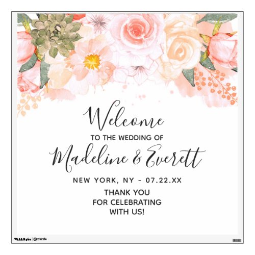 Peach  Mint Succulent Floral Wedding Welcome Wall Decal