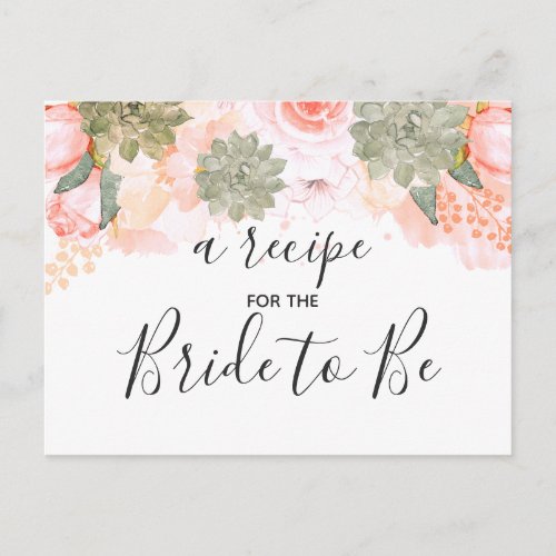 Peach  Mint Succulents Bridal Shower Recipe Card