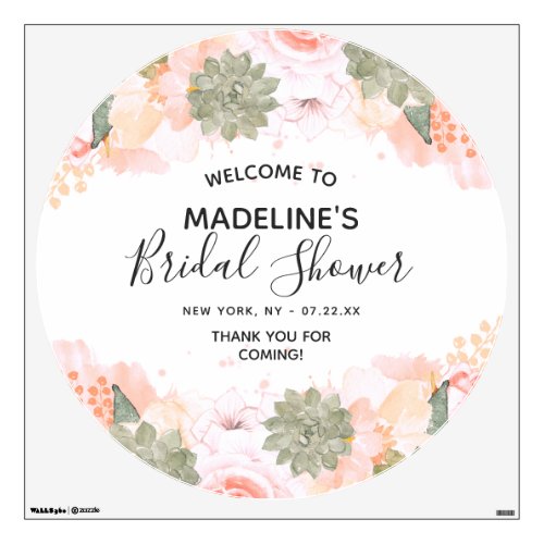 Peach  Mint Succulents Bridal Shower Welcome Sign Wall Decal