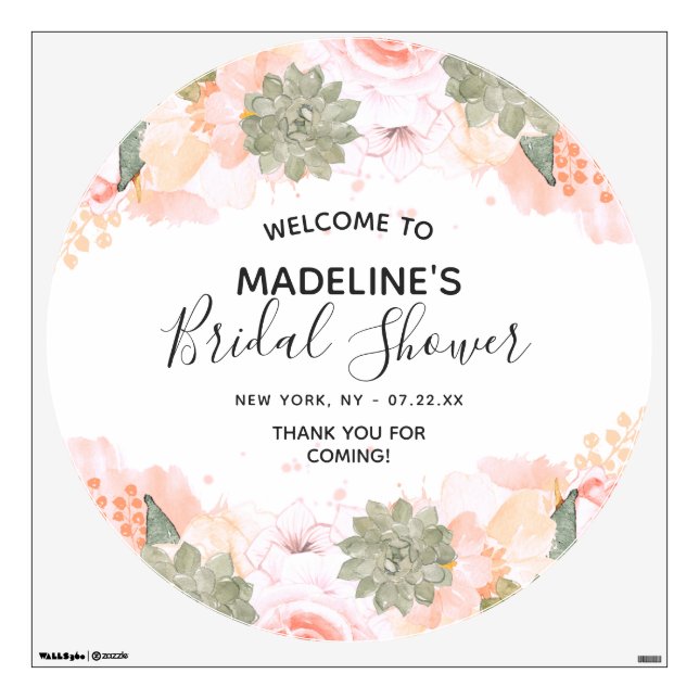 Peach & Mint Succulents Bridal Shower Welcome Sign Wall Decal (Front)