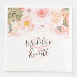 Peach & Mint Succulents Floral Monogram Wedding Paper Dinner Napkins