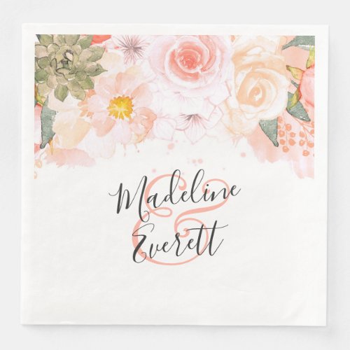 Peach  Mint Succulents Floral Monogram Wedding Paper Dinner Napkins