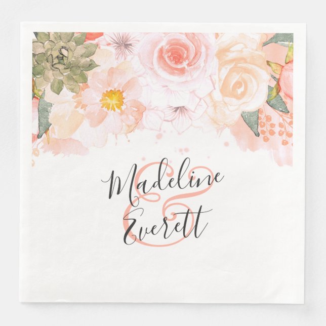 Peach & Mint Succulents Floral Monogram Wedding Paper Dinner Napkins (Front)