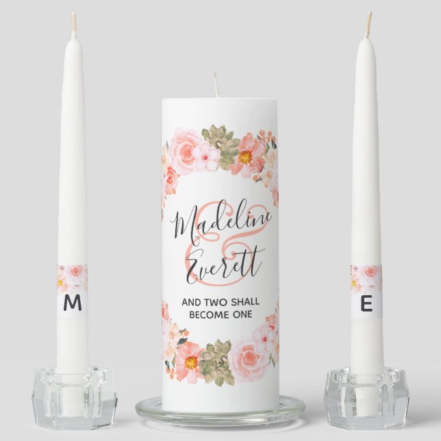 Peach & Mint Succulents Floral Wedding Monogram Unity Candle Set (Front)